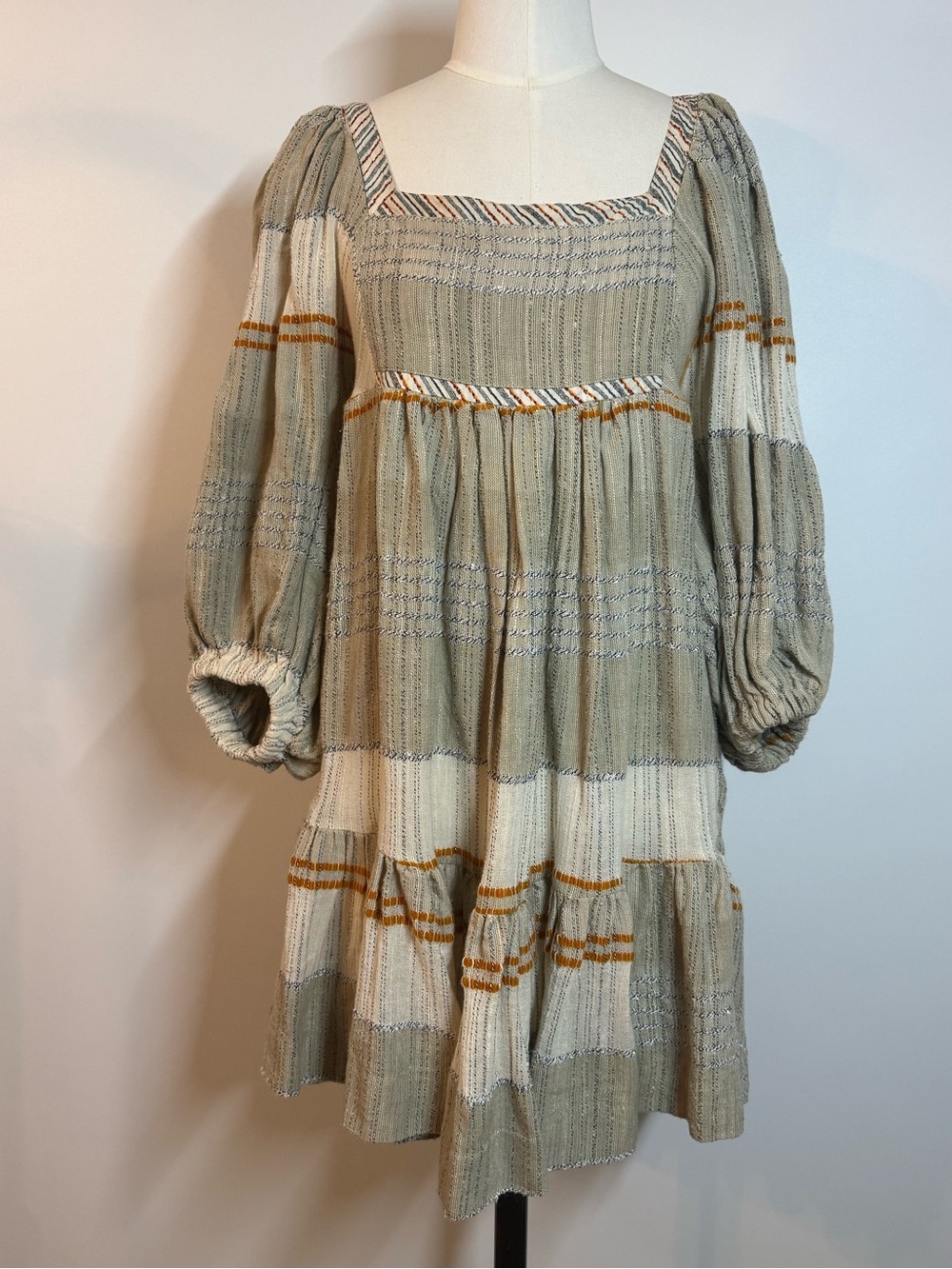 Free People Beige & Cream Tiered Smocked Mini Dress with Rust Stripes